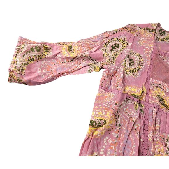 Vintage American Boho Pink Paisley Tunic Top With Lace Accents Drawstring JH1806 - Picture 5 of 7